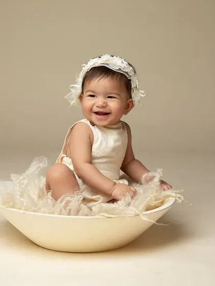 A bowl full of cute! This simple studio setup with soft feathers is perfect for showing off a happy, sitting baby.