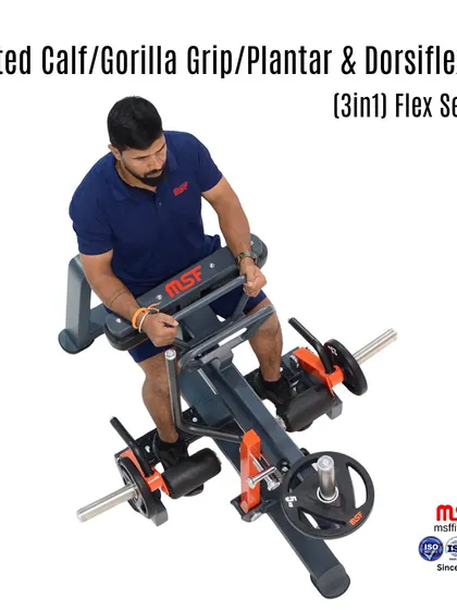 An overhead view of the 3-in-1 Flex Series machine, showing the ergonomic design and plate-loaded system for progressive resistance during calf and foot workouts.