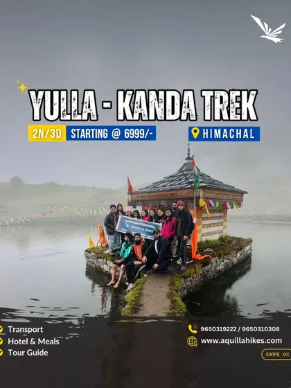 Discover the hidden beauty of the Yulla-Kanda trek in Himachal. This poster features a group photo at the unique temple situated in the middle of a lake, an experience you won't find anywhere else.