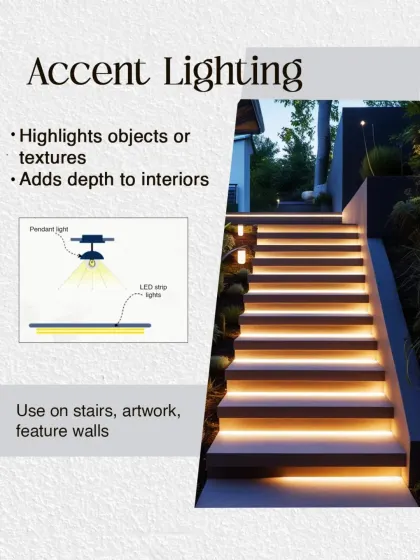 Accent lighting is used to highlight objects, artwork, or textures. We use LED strip lights on stairs or feature walls to add depth and drama to interiors.