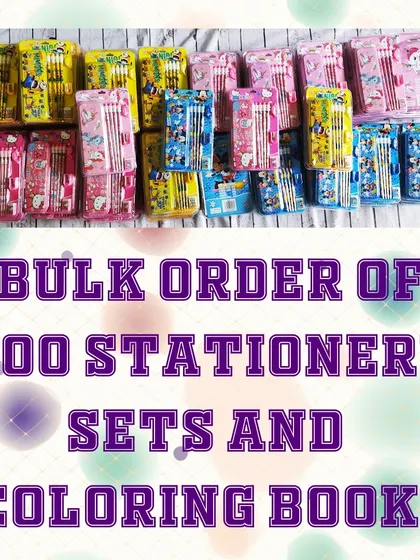 A bulk order of 200 stationery sets and coloring books, ready for a large event in Bangalore.