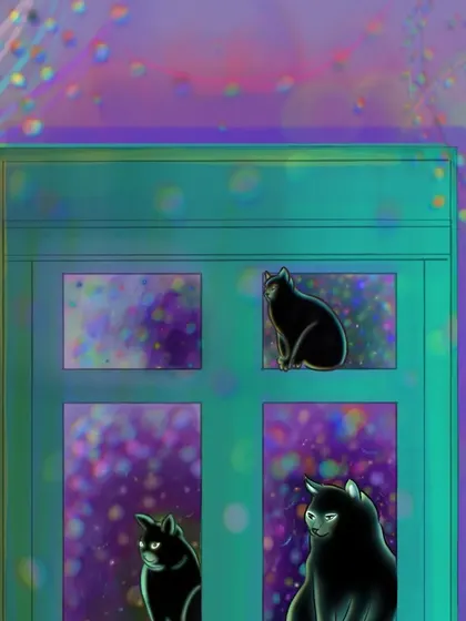 A top-down cropped view of the magical cat illustration, focusing on the ethereal atmosphere.