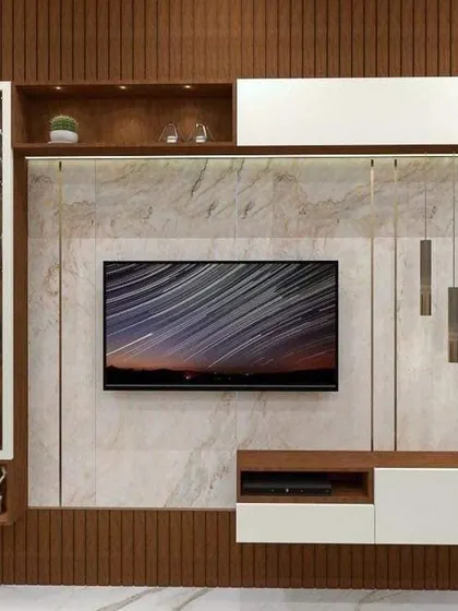 A sophisticated design featuring a marble back panel with gold-toned metal inlays. The combination of fluted wood, a glass-door cabinet, and a minimalist console creates a truly luxurious feel.