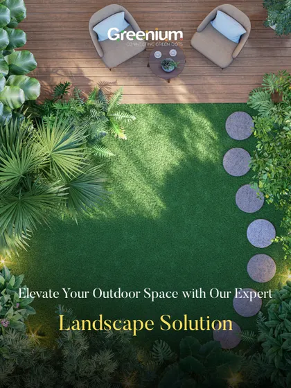 An aerial view of a landscape solution I designed. This concept shows a perfect balance of green lawn, wooden decking with seating, stone pathways, and lush surrounding plants.