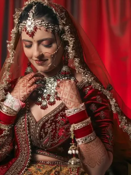 A beautiful shot of a bride adjusting her necklace, highlighting the stunning jewelry and her graceful posture.