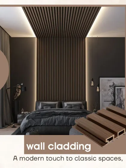 A close-up of the WPC wall cladding used as a bed headboard, showing the clean lines and rich brown color. This is a popular choice for bedrooms as it adds warmth and a high-end, hotel-like feel.