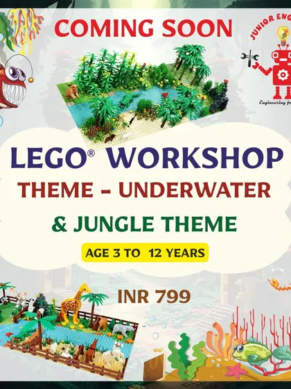 A promotional flyer announcing our upcoming Underwater and Jungle themed LEGO workshops for kids aged 3 to 12.