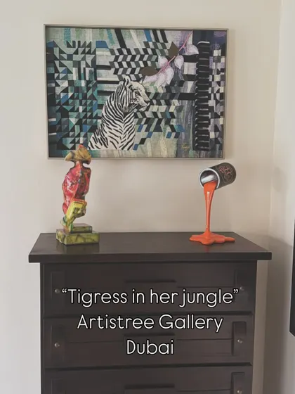 The "Tigress in her jungle" tapestry, proudly displayed at the Artistree Gallery in Dubai. It's wonderful to see a piece find its place in a beautiful setting, where it can be appreciated by art lovers.