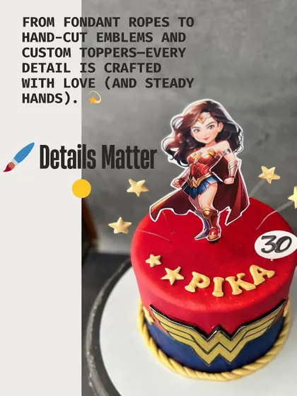 A Wonder Woman cake marks a 30th birthday... our close-up shows the emblem and gold-coloured rope details.