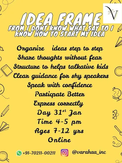 Our 'Idea Frame' masterclass is designed to help kids go from "I don't know what to say" to structuring their thoughts with confidence. This online session for ages 7-12 provides a simple framework for organizing and sharing ideas without fear.