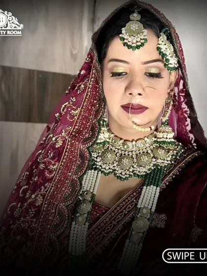 A close-up of the bride's makeup, showing the soft shimmer on the eyelids and the perfectly blended base that looks like second skin.