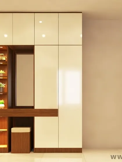 This wardrobe is designed to fit perfectly into a compact room. It includes an integrated dressing table with open, lit shelving, ensuring that no space is wasted and functionality is not compromised.