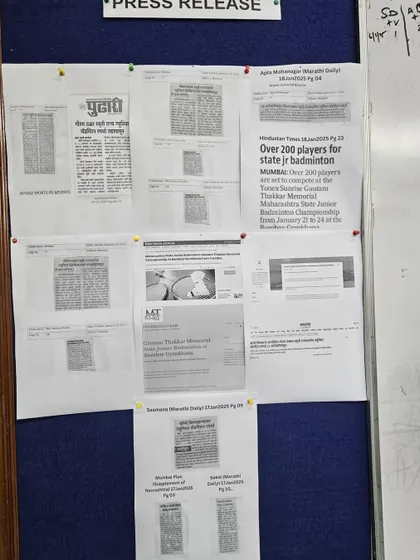 A press release board showcasing media coverage for the Yonex Sunrise Junior Badminton Championship. Our services include promotion and media relations to maximize event visibility.