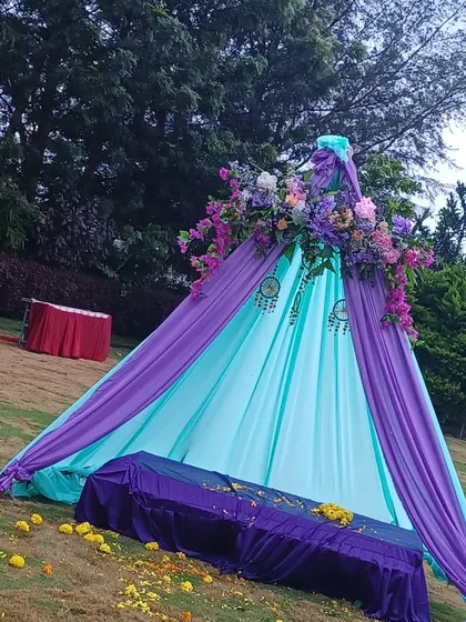 Another angle of the colorful teepee tent, a perfect cozy corner for the bride during her Mehendi.