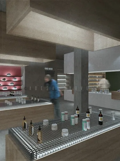 An alternate view of the museum and retail space, showcasing how different display tables and wall units can create a varied and engaging journey. The design uses a mix of wood and concrete textures for a modern, tactile feel.