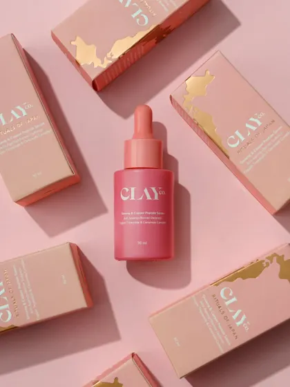 This is an overhead shot I did for Clay Co. Beauty. I find that creating a dynamic composition with the product and its packaging like this really works for social media feeds and website banners. It's eye-catching and tells a story about the product line.