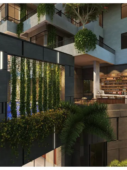 This conceptual view of Ramdulari Towers showcases our integration of shared amenities with biophilic elements. A swimming pool area is flanked by vertical gardens and green walls, creating a resort-like oasis for residents.