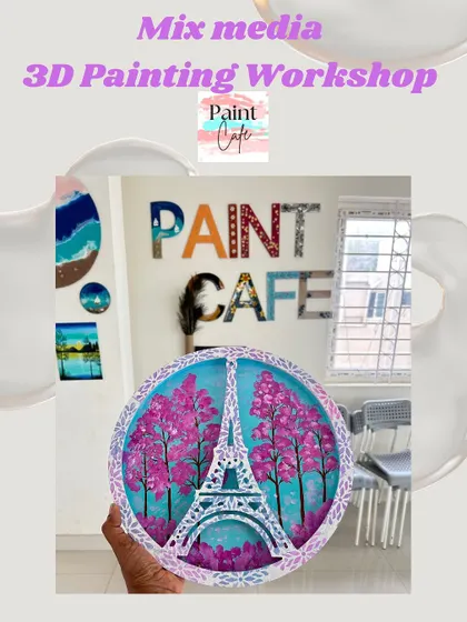 A promotional graphic for our mix media 3D painting workshop, featuring an Eiffel Tower design.