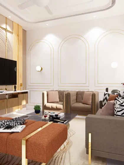 A view of the TV and console area, featuring a textured wall with a unique circular wood pattern. The design balances modern furniture with classic architectural details for a sophisticated look.