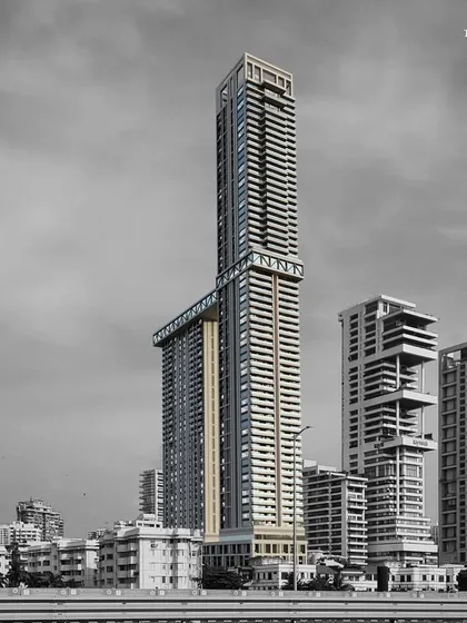 A black and white composition of our South Mumbai project, highlighting its form and presence in the urban fabric. The selective color emphasizes its position as a new landmark, marrying modern aesthetics with practical luxury.