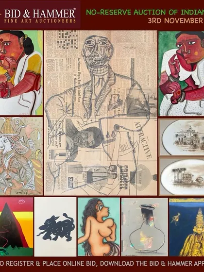 Another promotional image for our 'No-Reserve Auction'. It showcases the variety of art available, from T. Vaikuntam's vibrant figures to F.N. Souza's intense drawings and Phaneendra Nath Chaturvedi's delicate watercolours.