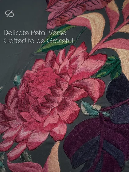 Every stitch orchestrates a symphony of softness. This close-up of a large, textured floral embroidery shows the delicate petal verse, crafted to be graceful.
