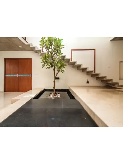 The heart of the 'Cube Square' home is this central courtyard, featuring a water body and a living tree. This space acts as the home's lungs, bringing nature, light, and ventilation into the core of the building.