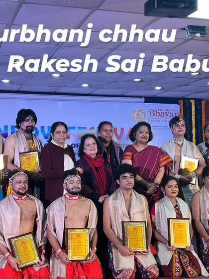 My team and I receiving certificates of appreciation at the Bhartiya Vidya Bhavan after a Mayurbhanj Chhau performance.