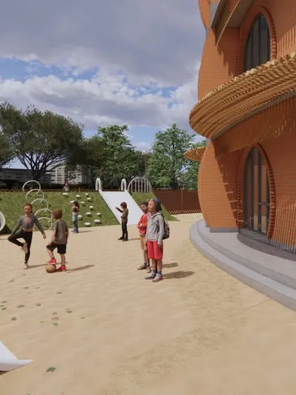 This is the Sensory Garden at Urban Gurukul, designed for hands-on, tactile learning. The space incorporates natural textures like sand and mud-plastered walls, along with play structures that allow children to explore shapes, sounds, and materials in an outdoor setting.