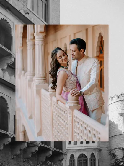 A creative edit from Kanav and Saloni's palace shoot in Khimsar, blending a color portrait with monochrome architectural details for an artistic effect.