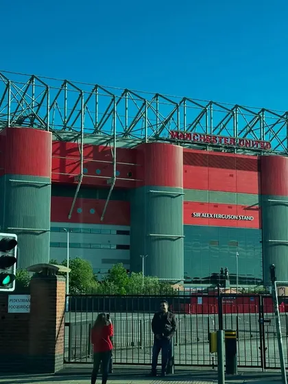 A view of the legendary Old Trafford stadium, one of the many iconic grounds our team visited.