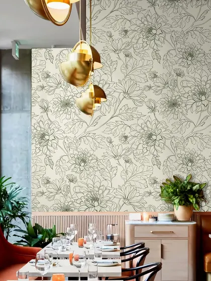 In this restaurant, our Chrysanthemums Floral Pattern wallpaper provides a subtle and elegant backdrop. The design adds a touch of class without overpowering the dining experience.