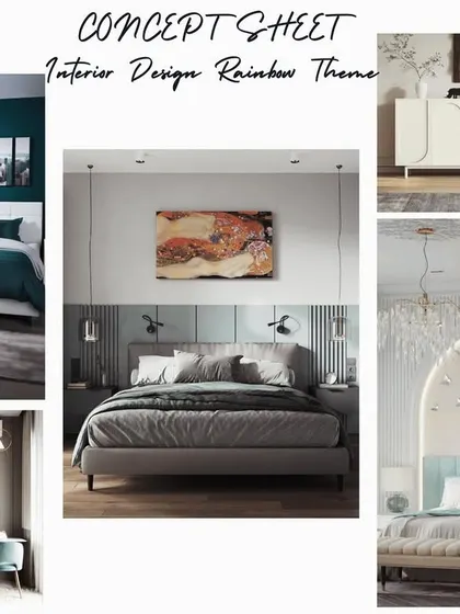 A concept sheet for a project with a "Rainbow Theme." This mood board gathers inspiration for using a variety of colors and textures to create a vibrant and eclectic interior.