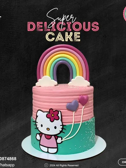 This adorable two-tier Hello Kitty cake is topped with a beautiful rainbow. The combination of pink and teal with the iconic character makes for a cheerful and bright birthday celebration.