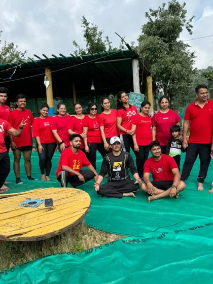 The whole group together at our yoga retreat in the beautiful hills of Uttarakhand.