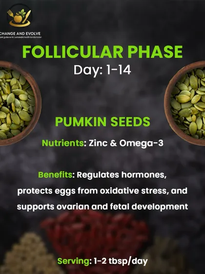 Seed cycling is a natural way to support hormone balance. During the follicular phase (Day 1-14), pumpkin seeds provide zinc and omega-3 to regulate hormones and protect egg quality.