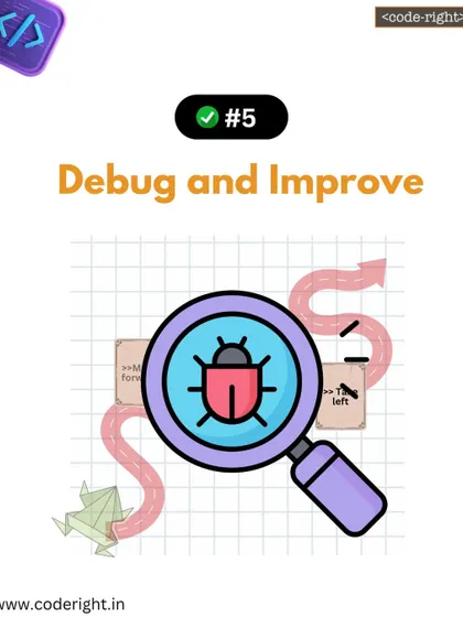 Debug and improve. This graphic is from our coding with origami activity, where finding and fixing a "bug" in the folding process becomes a fun lesson in problem-solving and persistence.