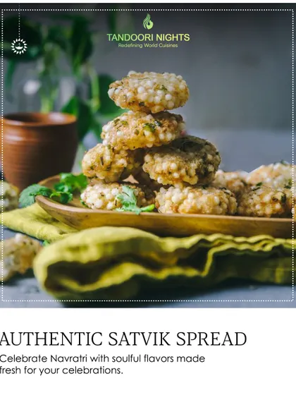An authentic Satvik spread for Navratri. This tower of crispy sabudana vadas is a soulful and flavorful dish, made fresh for your festive celebrations without onion or garlic.