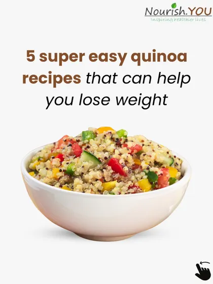 This image introduces five super easy quinoa recipes that can help you lose weight. Quinoa is a versatile grain that can be used in salads, upma, pulao, and more for nutritious meals.