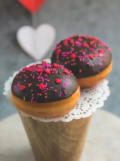 We even have Valentine's themed doughnuts! These fluffy doughnuts are dipped in chocolate and decorated with festive heart-shaped sprinkles.