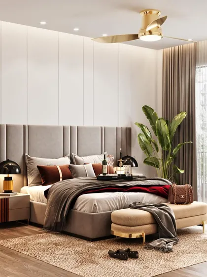 A bright and airy master bedroom visualization with a plush upholstered headboard and a balcony view. The render focuses on creating a serene and relaxing mood with natural light and indoor plants.