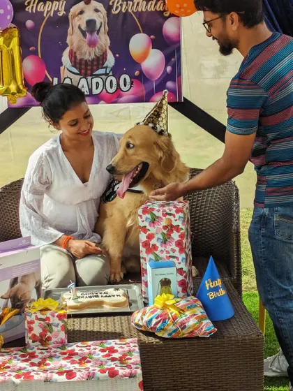 Jaadoo celebrating his first birthday with his family. We arrange everything, including the cake, gifts, and party hats, so you can just focus on making memories.