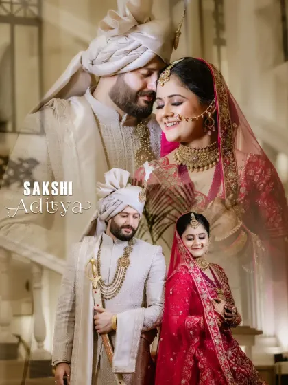A poster-style image for a royal-themed wedding, highlighting the couple's regal attire.