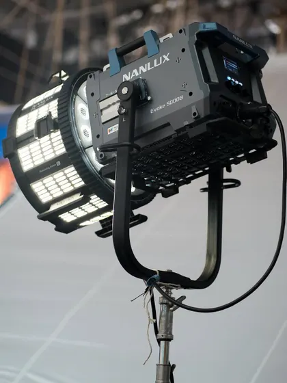 The Nanlux Evoke 5000B on a stand, ready for action. This fixture provides a powerful, focusable beam of light with excellent color quality.