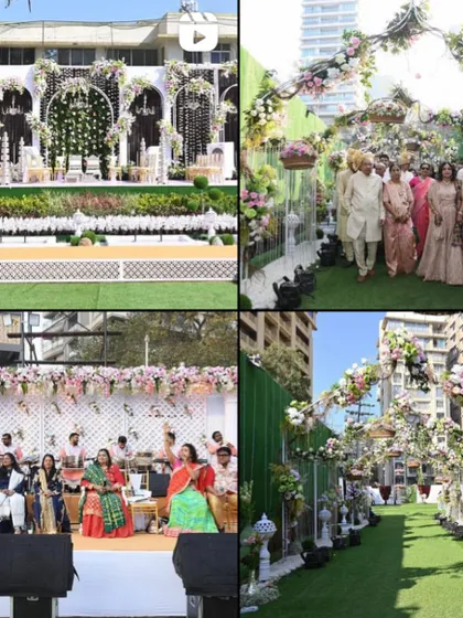 A collage showcasing a grand outdoor wedding with white and pink floral decor. It highlights the stage, the guest seating, and the beautifully decorated walkway.