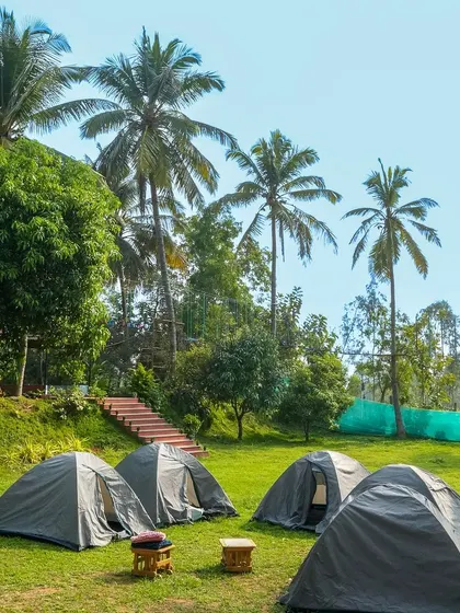 Our camping area offers a fantastic opportunity for team bonding under the stars. We provide quality tents set up on a lush green lawn, perfect for an adventurous overnight stay.