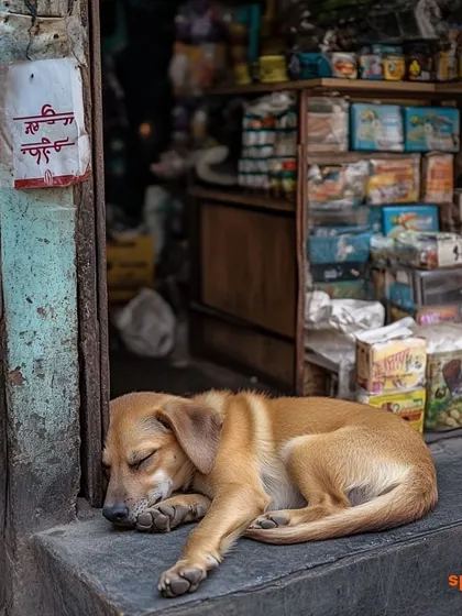 A puppy sleeps peacefully at the entrance of a small shop, a moment of innocence in a harsh urban environment. This image is part of our series on the lives of street animals.