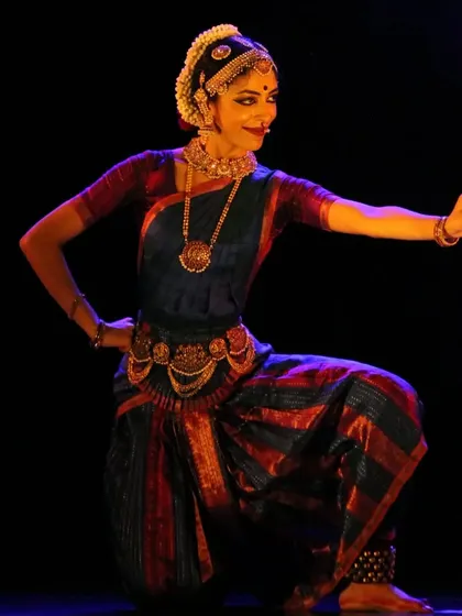 A powerful stance from 'Shringara Sharanagati', showcasing the strength and grace inherent in Bharatanatyam. The costume and posture come together to create a striking visual.