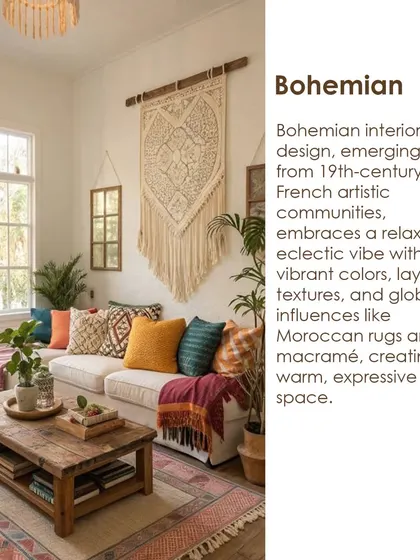 This is Bohemian design, an eclectic and relaxed vibe with vibrant colors, layered textures, and global influences like Moroccan rugs and macramé.