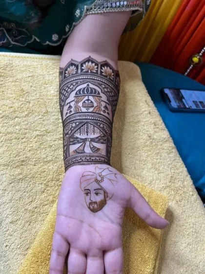 The groom's portrait, designed to complement the bride's on the other hand. Notice the detail in the turban and attire.